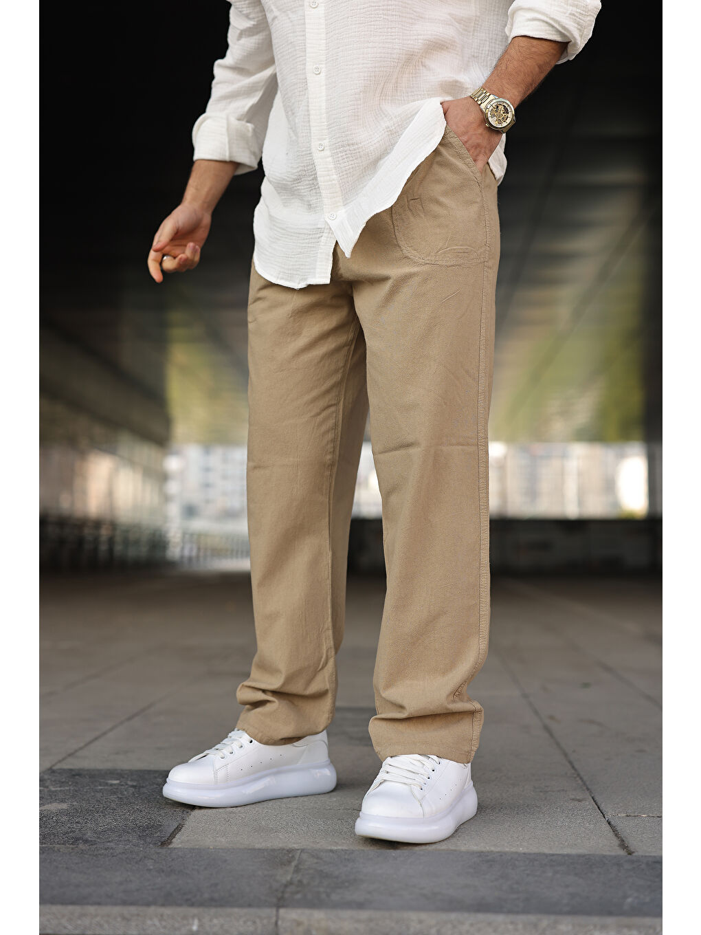 Kahverengi Erkek Trend Basic Bol Paça S.Kahve Baggy Keten Pantolon