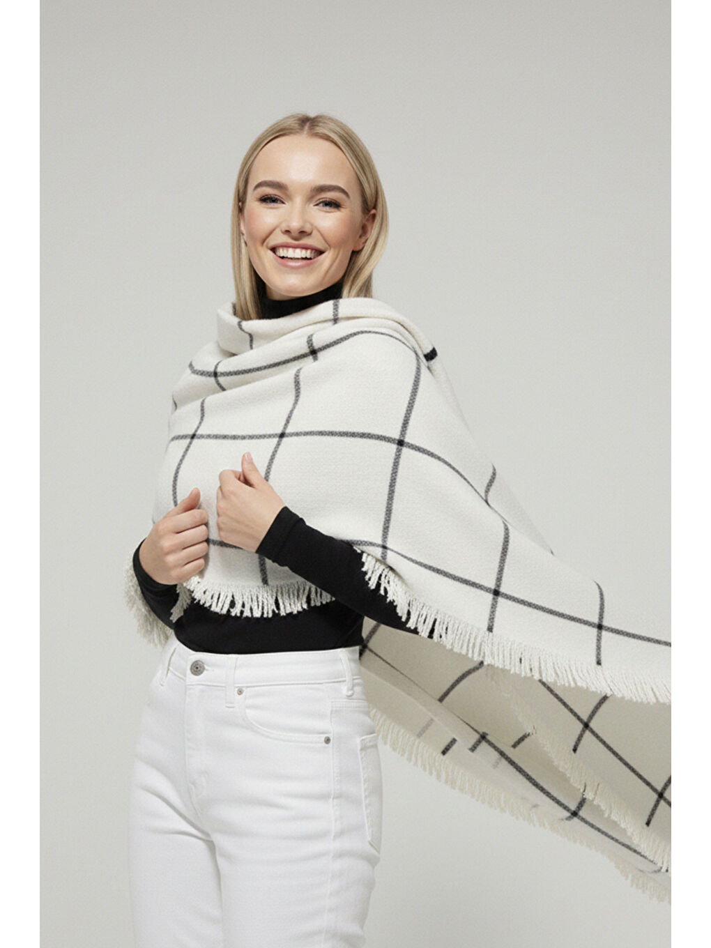 Kadın Yumuşak Dokulu Kalın Şal Atkı 15951 - Beyaz-1