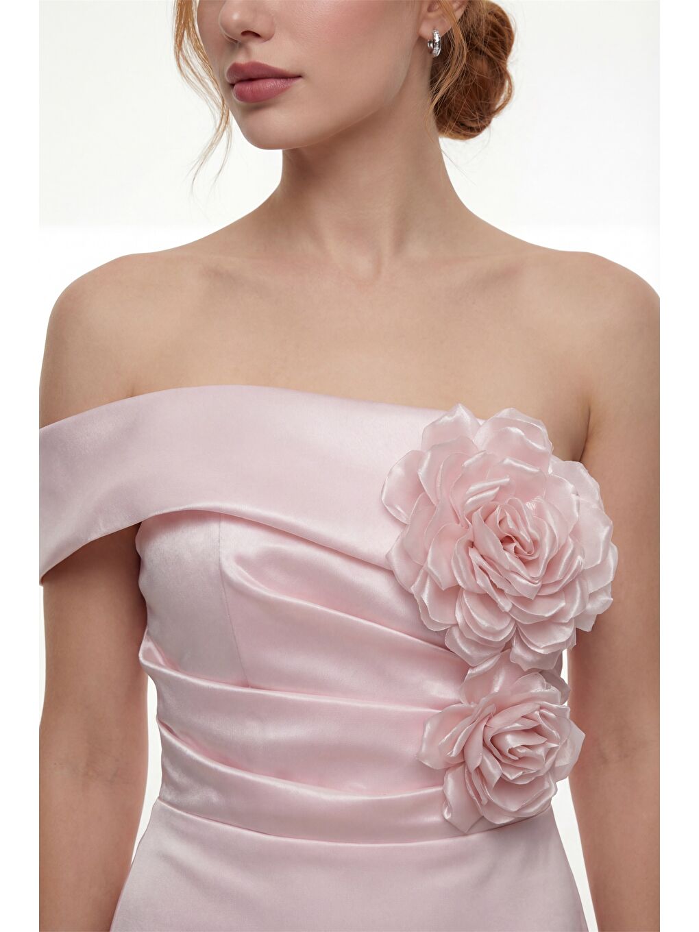 Pembe Kadın Pudra Kayık Yaka Çiçek Detaylı Söz Nişan Nikah Abiye Elbise-1