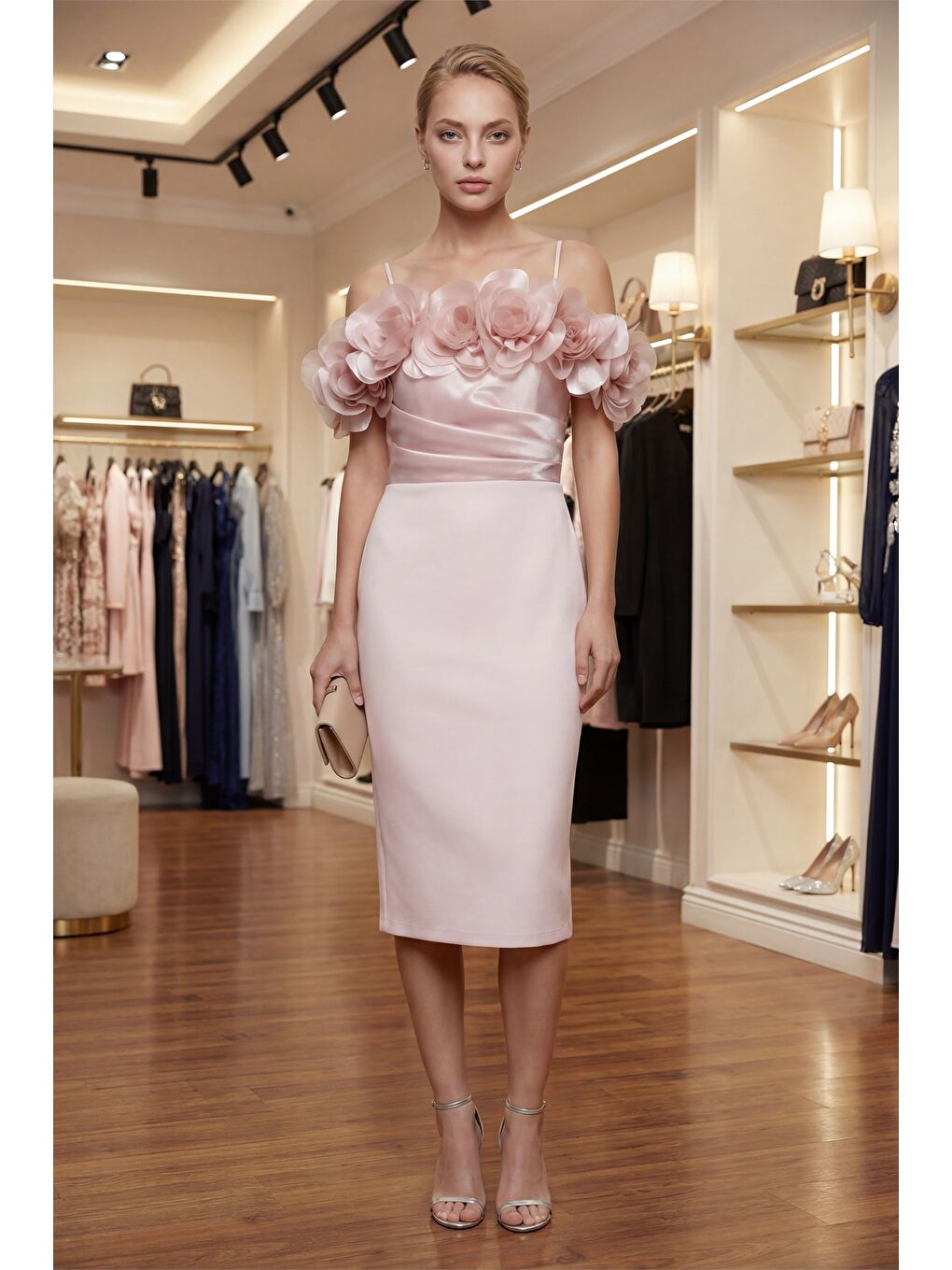 Pembe Kadın Pudra Yakası Gül Detaylı Söz Nişan Nikah Abiye Elbise-3