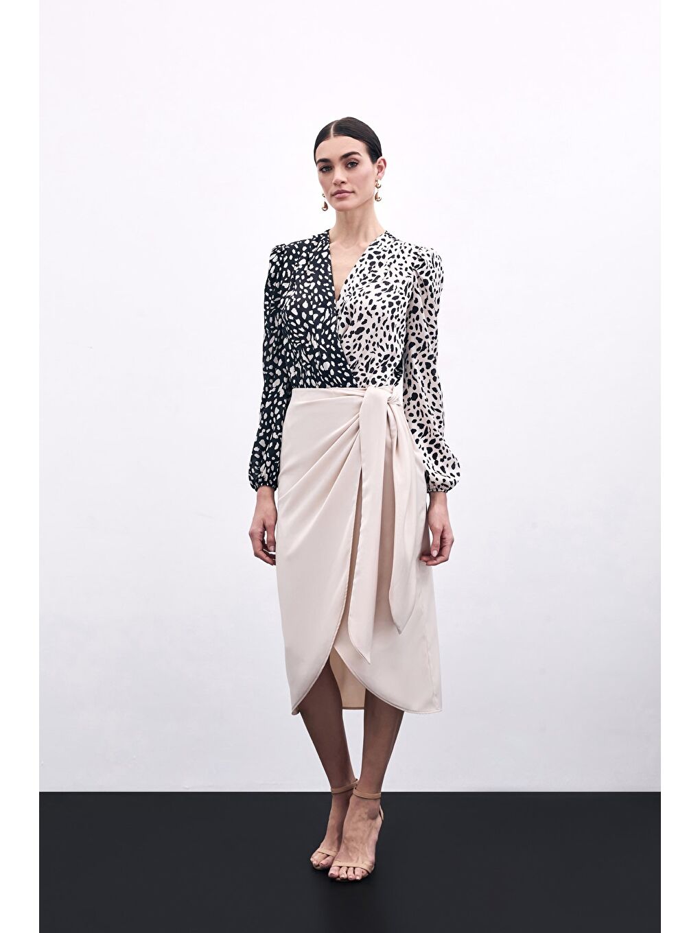 Bağlama Detaylı Kruvaze Etek - Bej-2