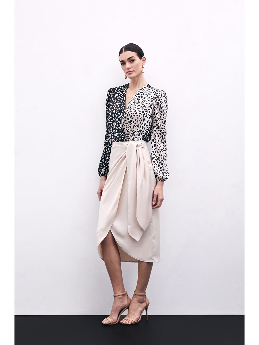 Bağlama Detaylı Kruvaze Etek - Bej-3