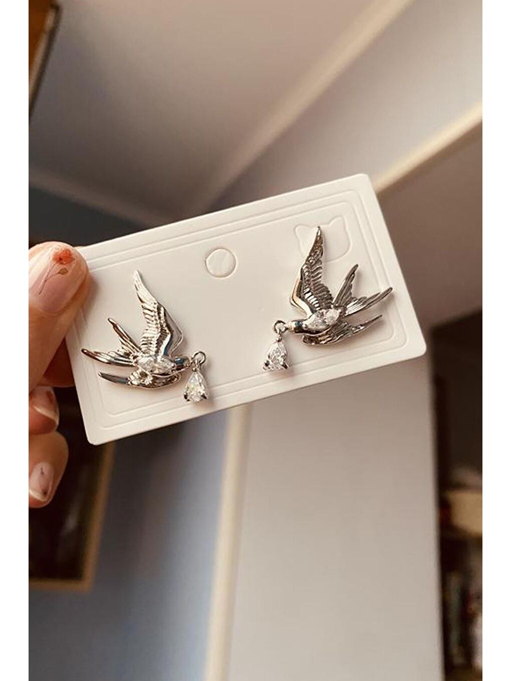 Gri Taşlı Anka Kuşu Gümüş Rengi Küpe-7