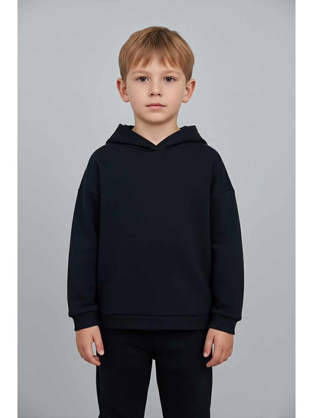 Unisex Çocuk Basic Pamuklu Kapüşonlu Sweatshirt - Siyah