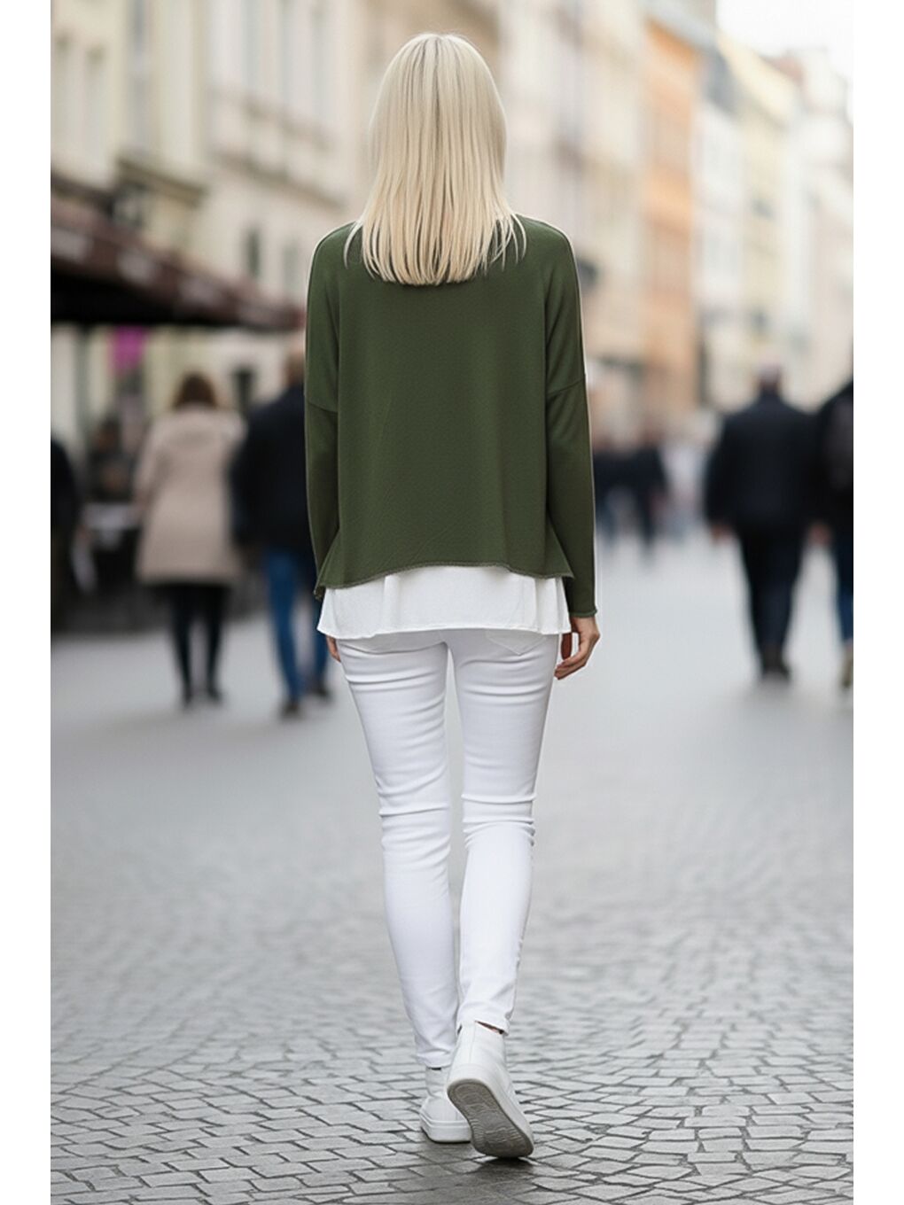 Haki Havuz Yaka Uzun Kol İnce İkili Set Kolyeli Casual Oversize Triko Bluz 70 74-5