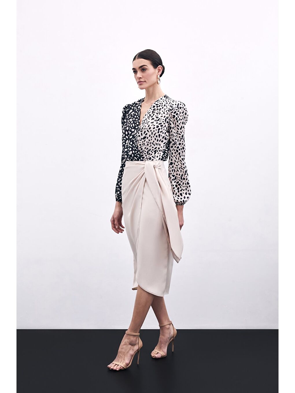 Bağlama Detaylı Kruvaze Etek - Bej-4