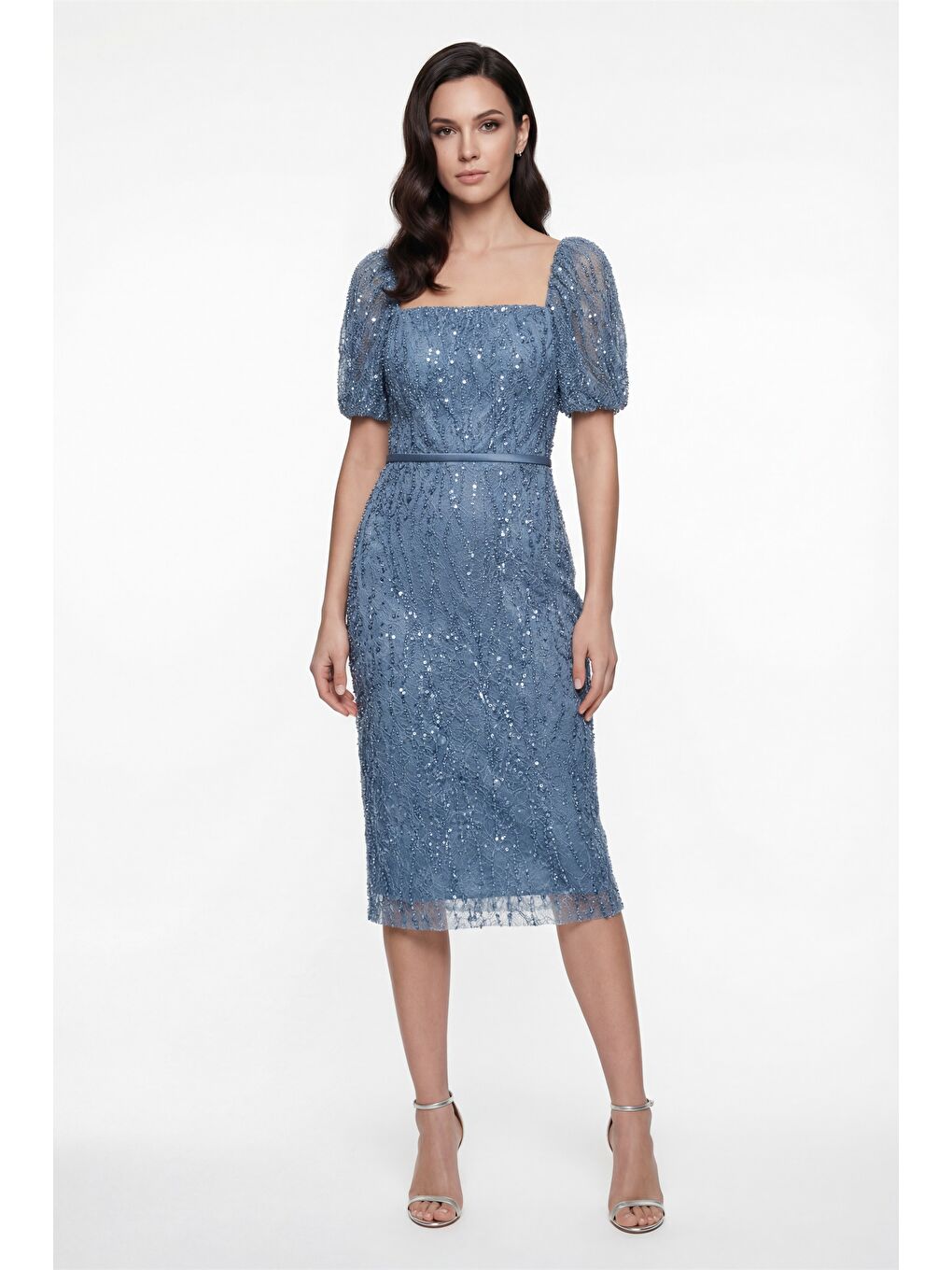 Kadın İndigo Kare Yaka Balon Kol Midi Söz Nişan Nikah Abiye Elbise