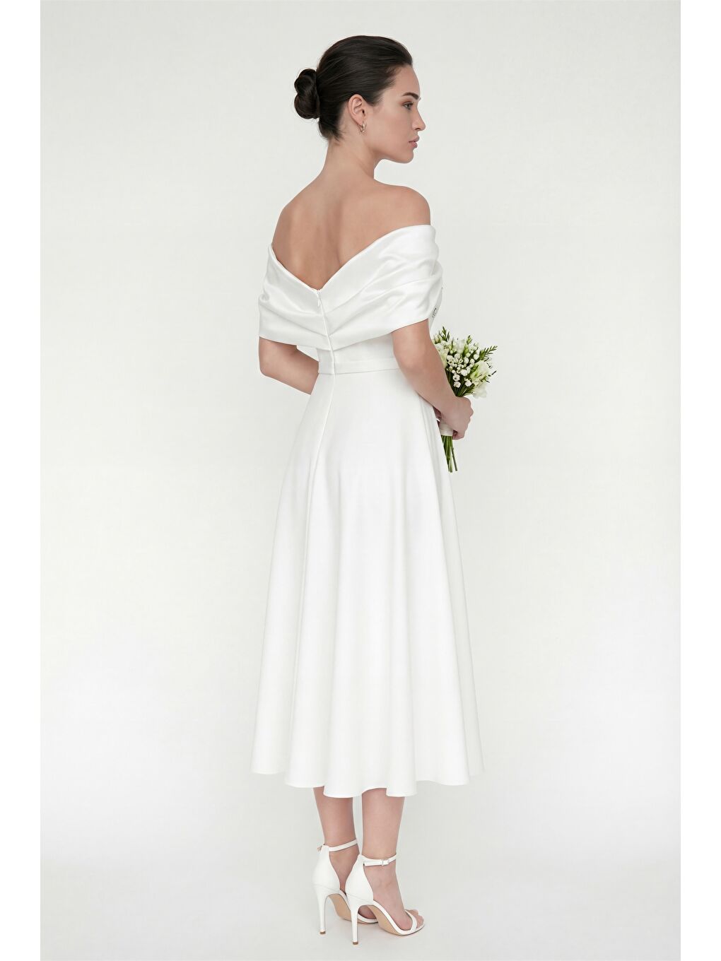 Kadın Beyaz Kayık Yaka Taş Detay Kloş Söz Nişan Nikah Abiye Elbise-4