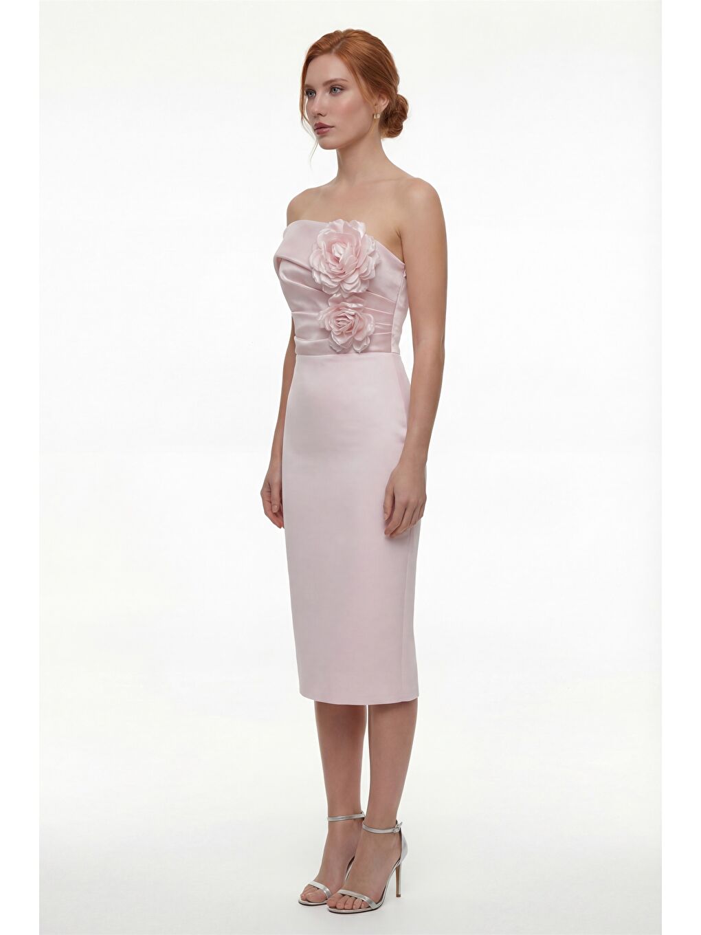Pembe Kadın Pudra Kayık Yaka Çiçek Detaylı Söz Nişan Nikah Abiye Elbise-2