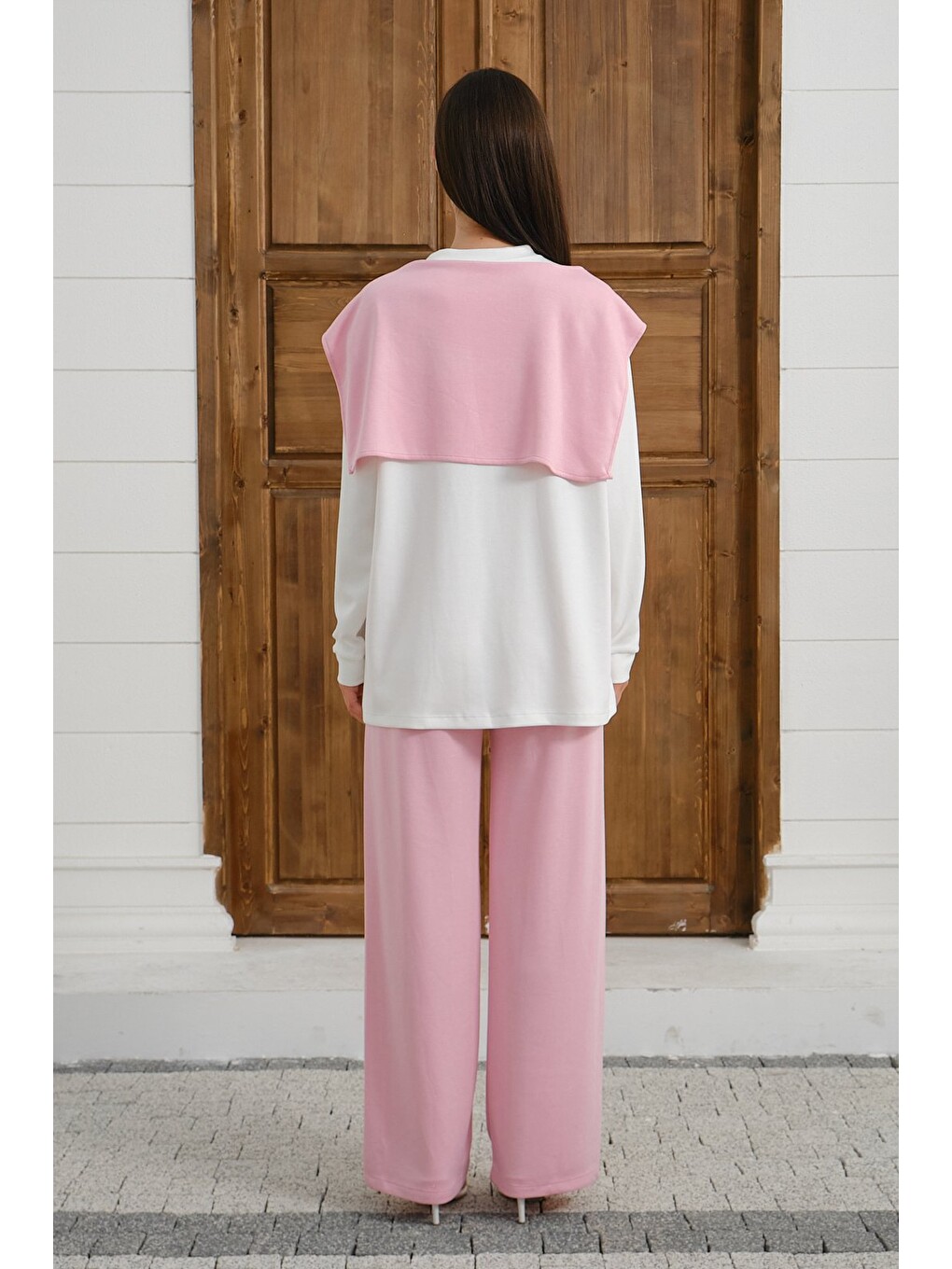 Pembe Kadın Şal Detaylı Eşofman Takımı Rahat Kalıp Uzun Kollu Sweatshirt Geniş Paça Eşofman Altı-6