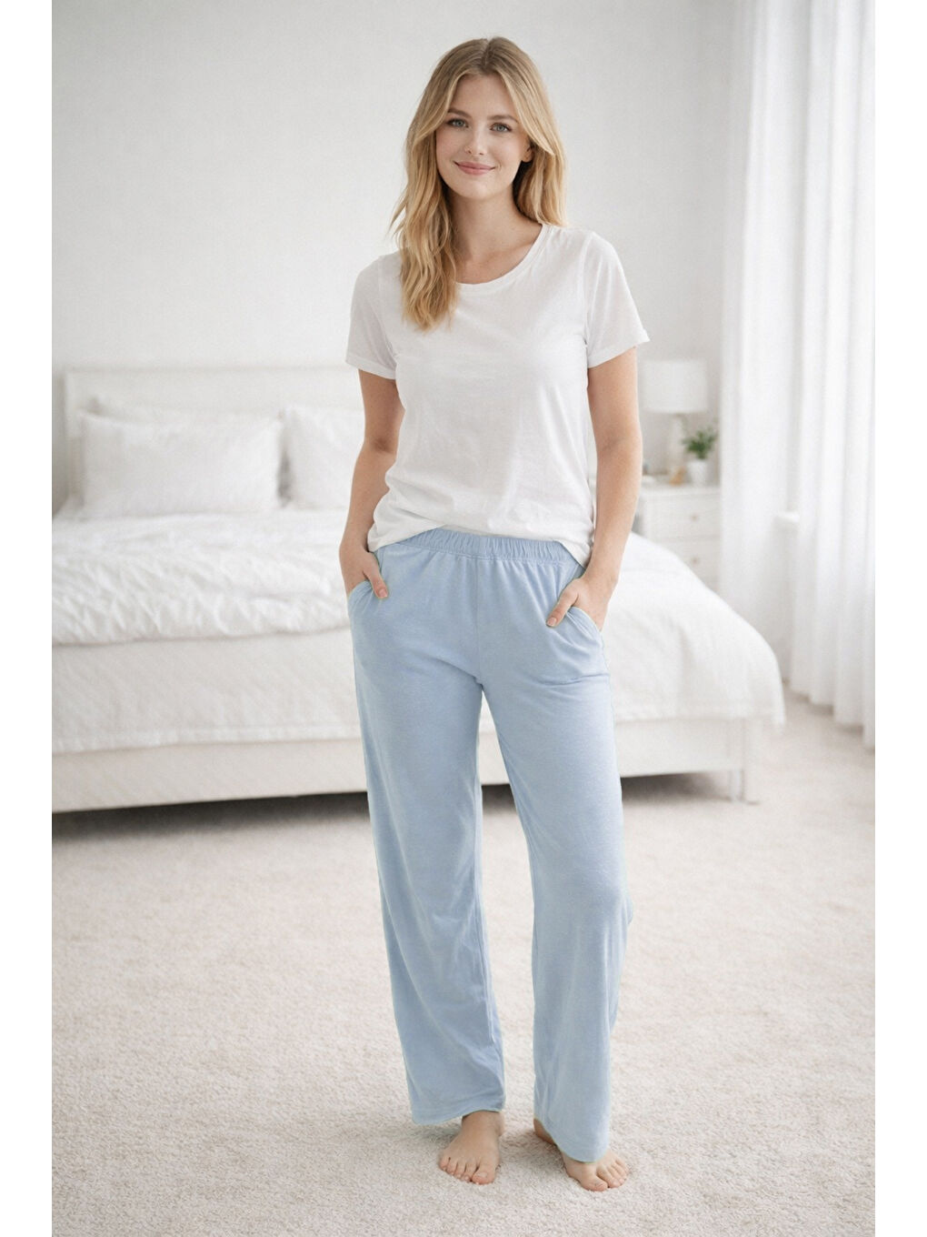 Kadın Penye Kumaş Tek Pijama Alt 08 Bebe Mavisi