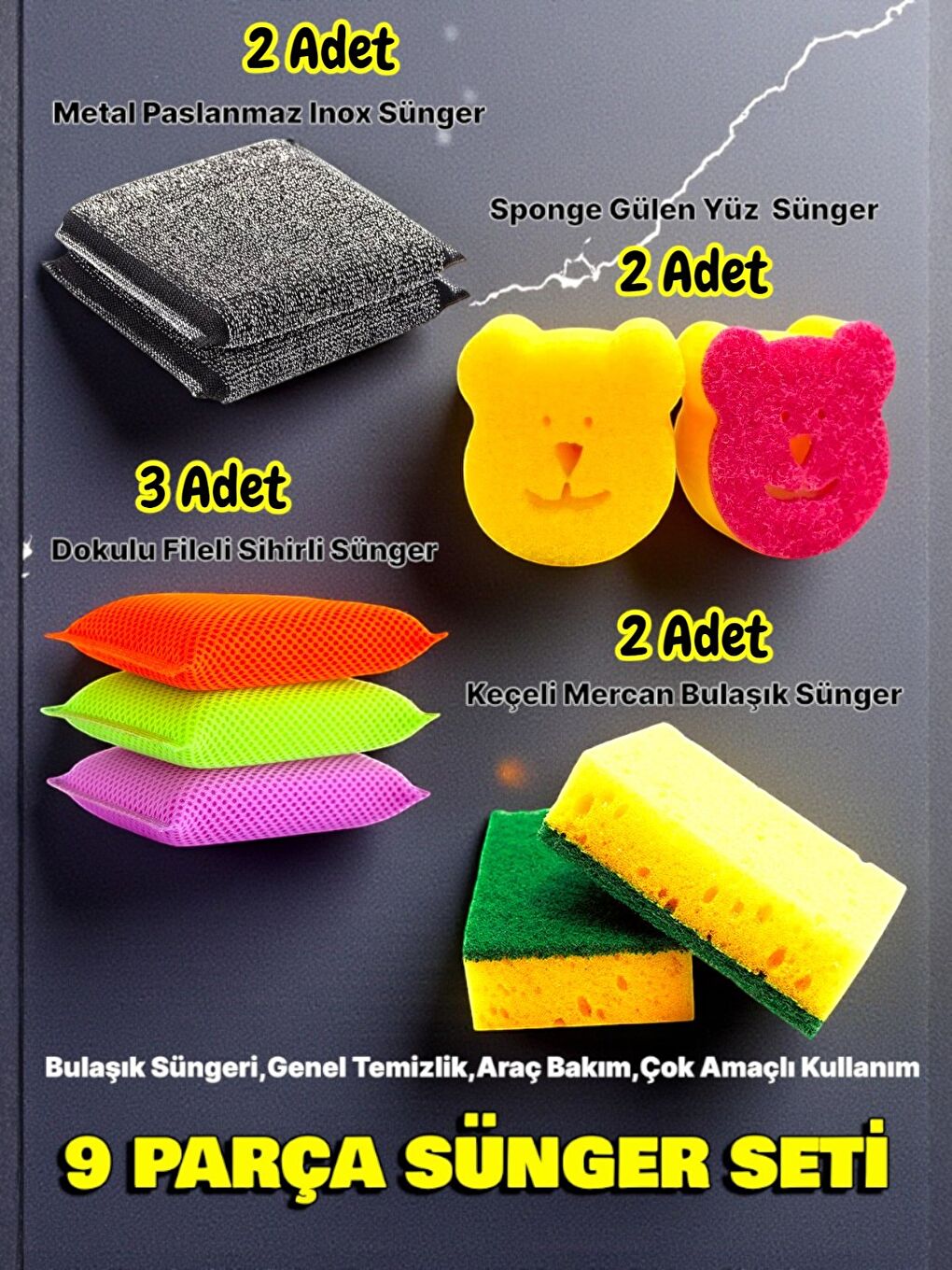 Karışık 9 Parça Çok Amaçlı Genel Kullanım Mutfak Bulaşık Süngeri Yıkama Seti-1