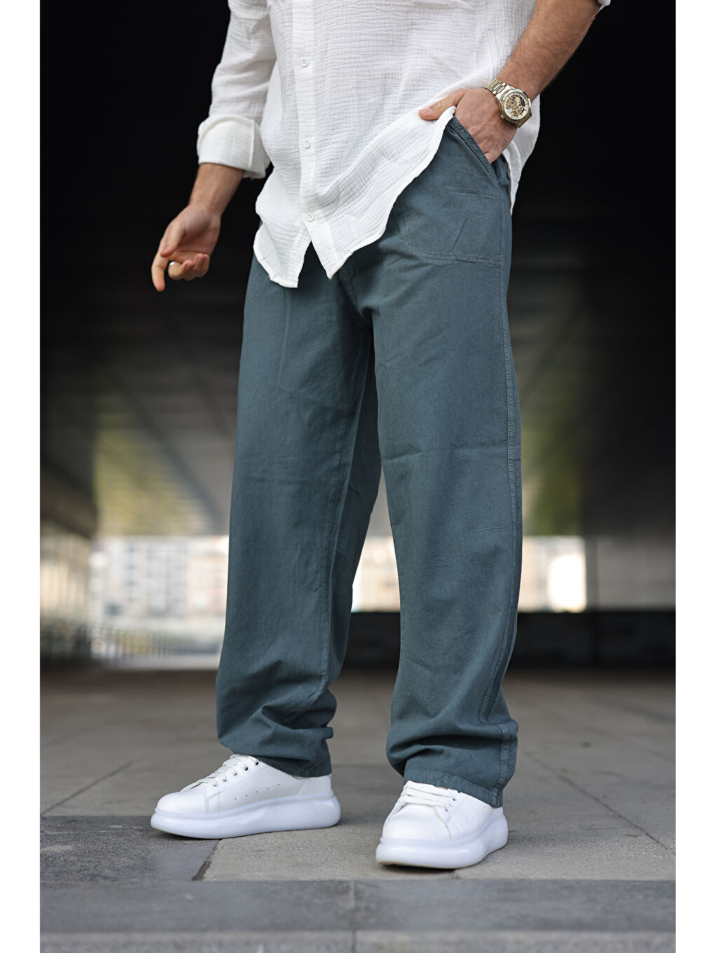 Erkek Trend Basic Bol Paça Petrol Baggy Keten Pantolon-2
