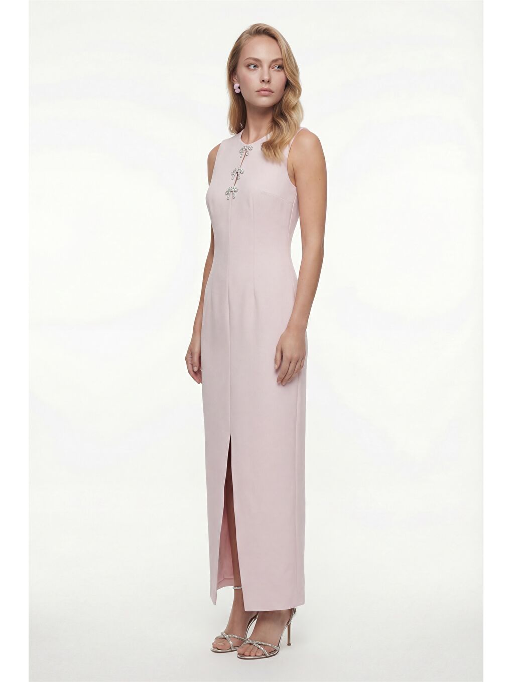 Pembe Kadın Pudra Yırtmaçlı Aksesuar Detay Maxi Abiye Elbise-1