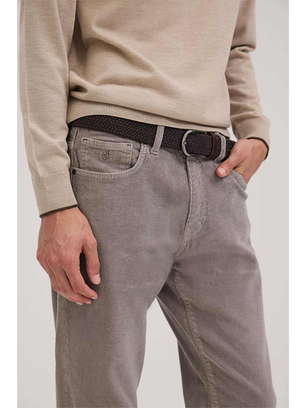 Gri Comfort Fit Kadife Spor Pantolon-2