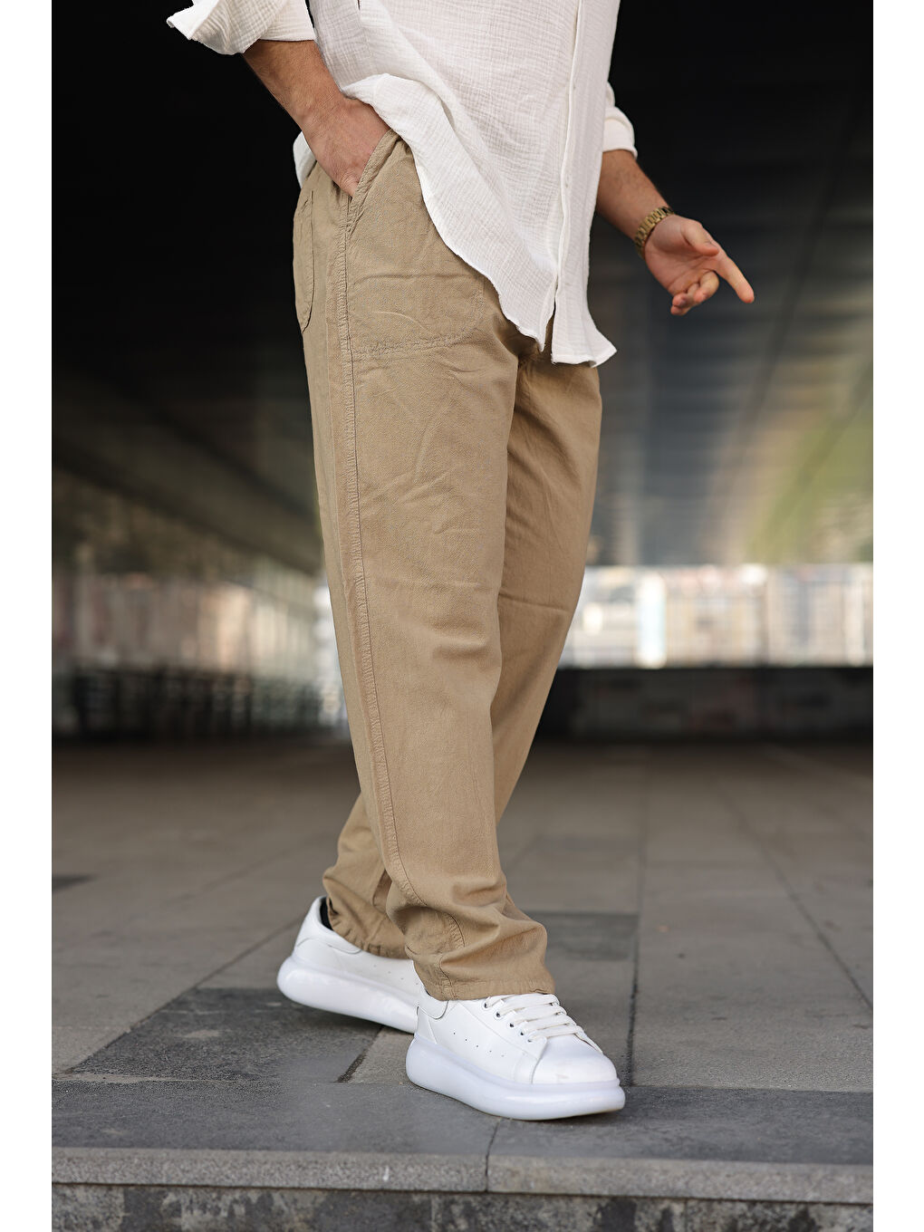 Kahverengi Erkek Trend Basic Bol Paça S.Kahve Baggy Keten Pantolon-1