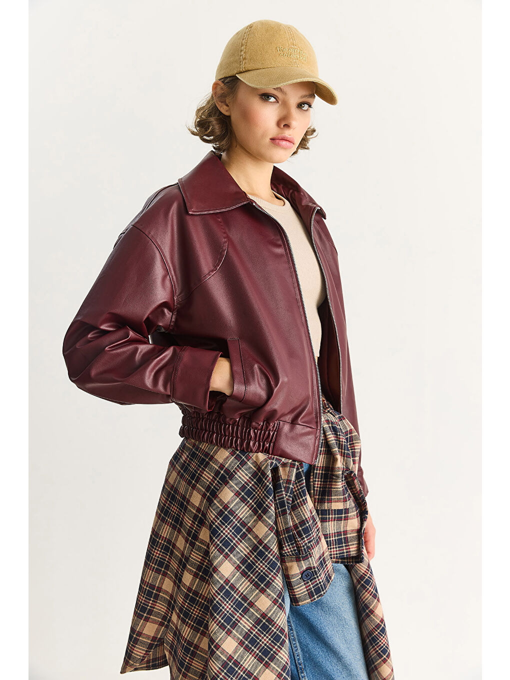 Bordo Kadın Oversize Belli Lastikli Suni Deri Bomber Ceket-6