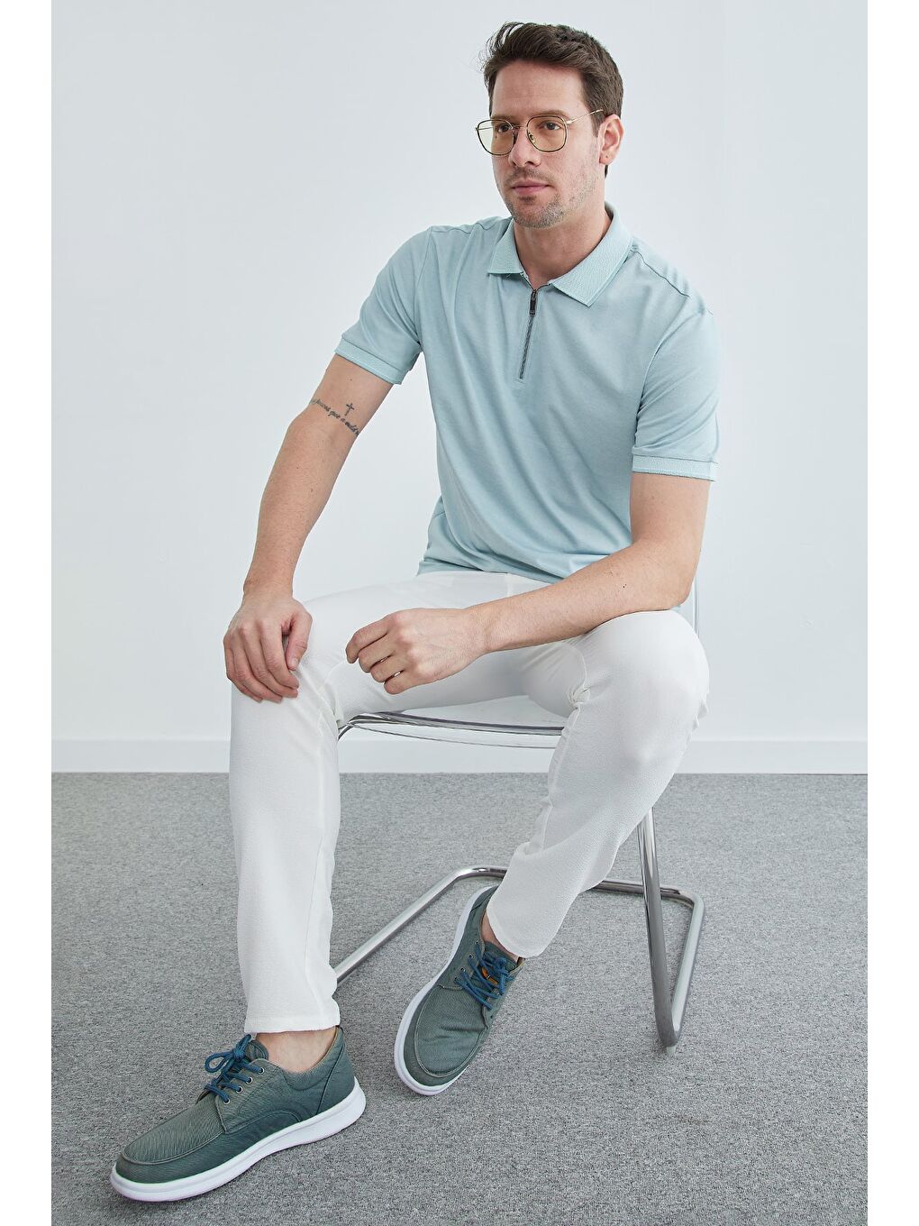 Yeşil Yarım Fermuarlı Polo Yaka Tişört-1