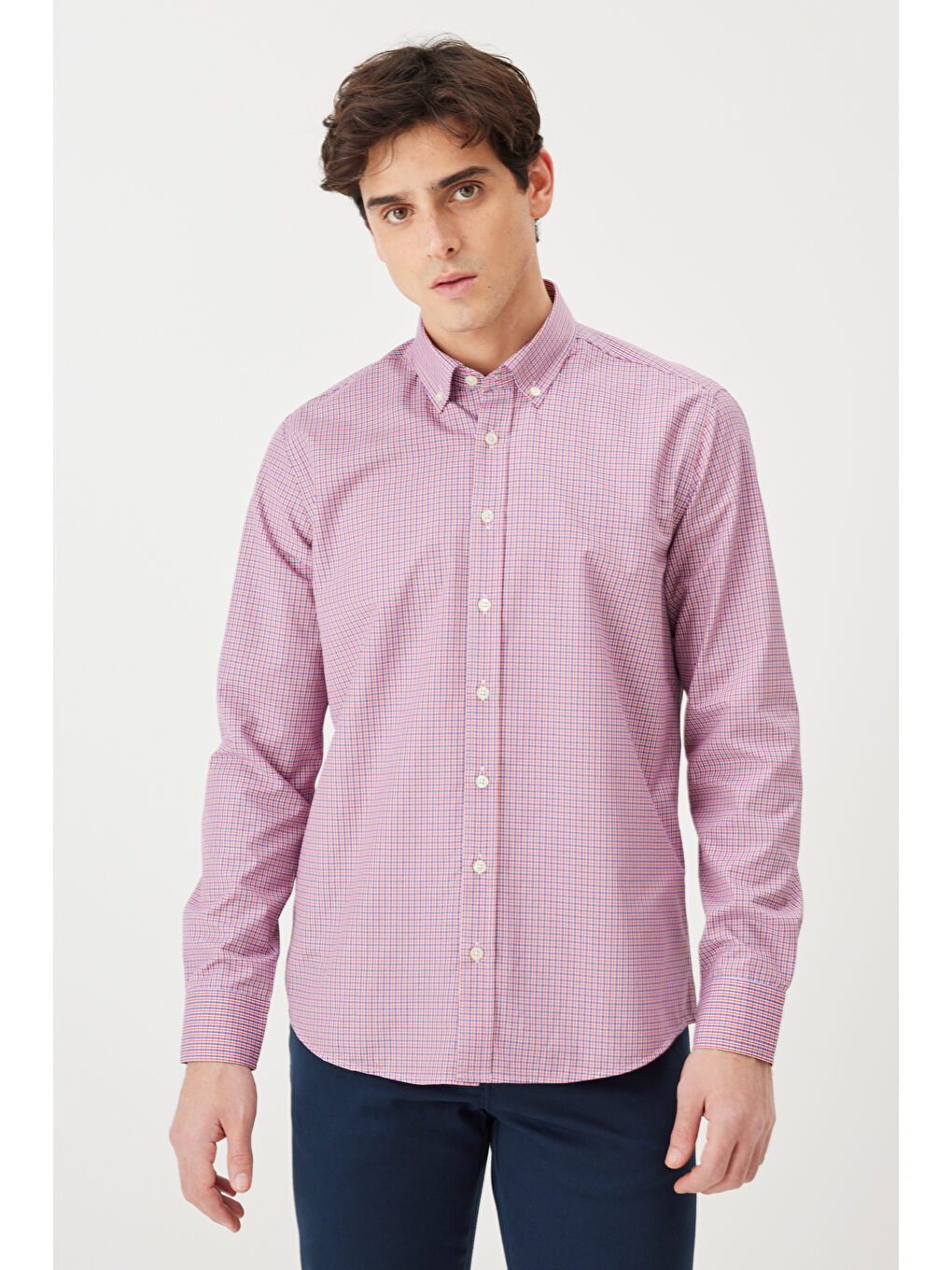 Erkek Turuncu Slim Fit Dar Kesim Düğmeli Yaka Pamuklu Kareli Gömlek-1