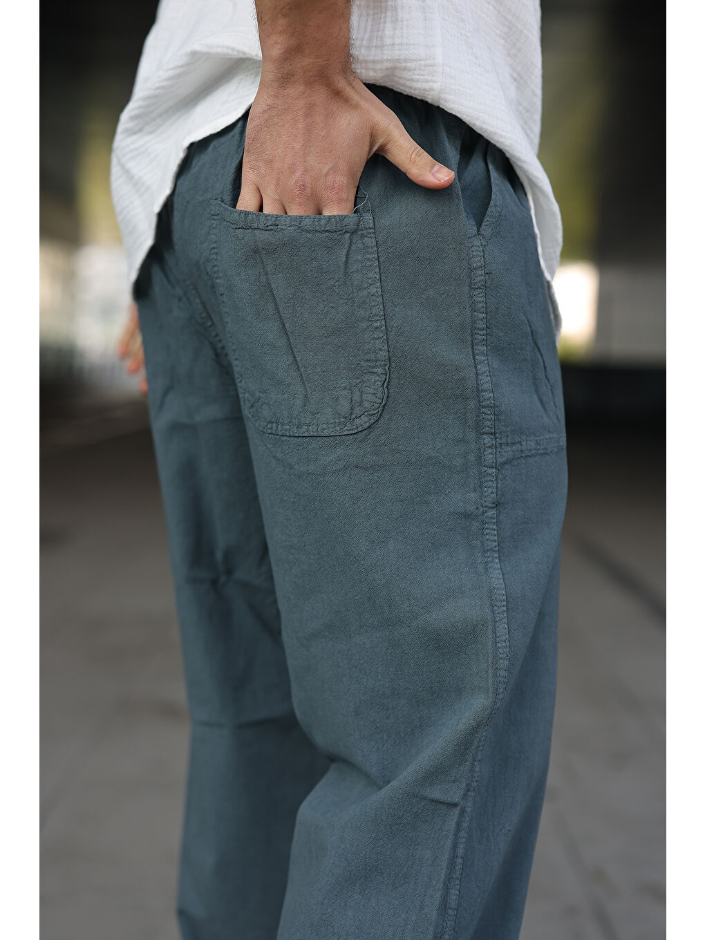 Erkek Trend Basic Bol Paça Petrol Baggy Keten Pantolon-3