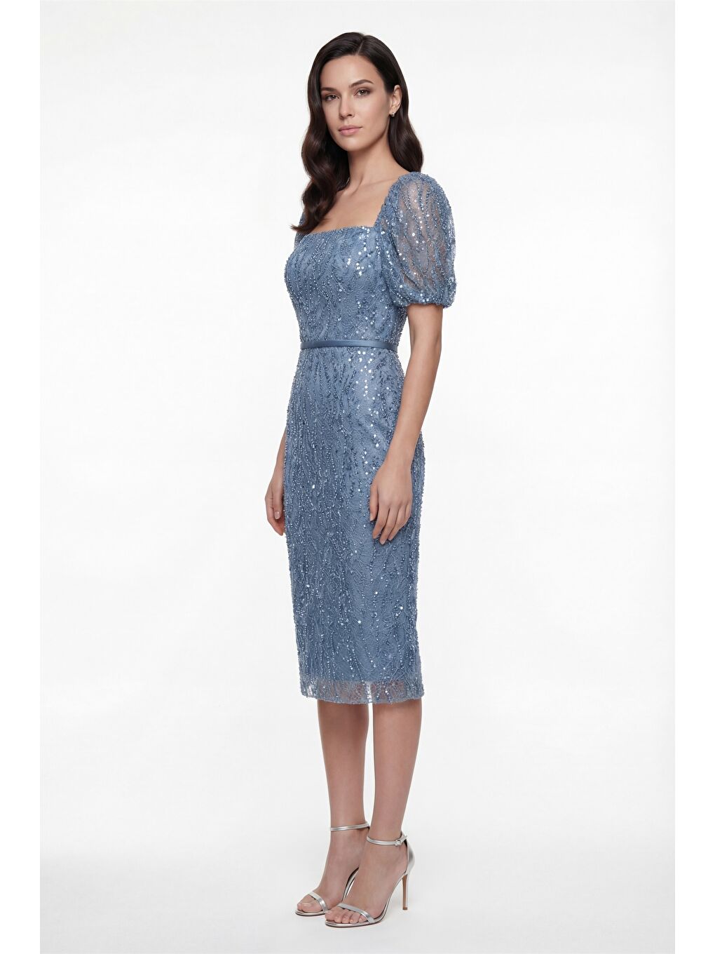 Kadın İndigo Kare Yaka Balon Kol Midi Söz Nişan Nikah Abiye Elbise-1