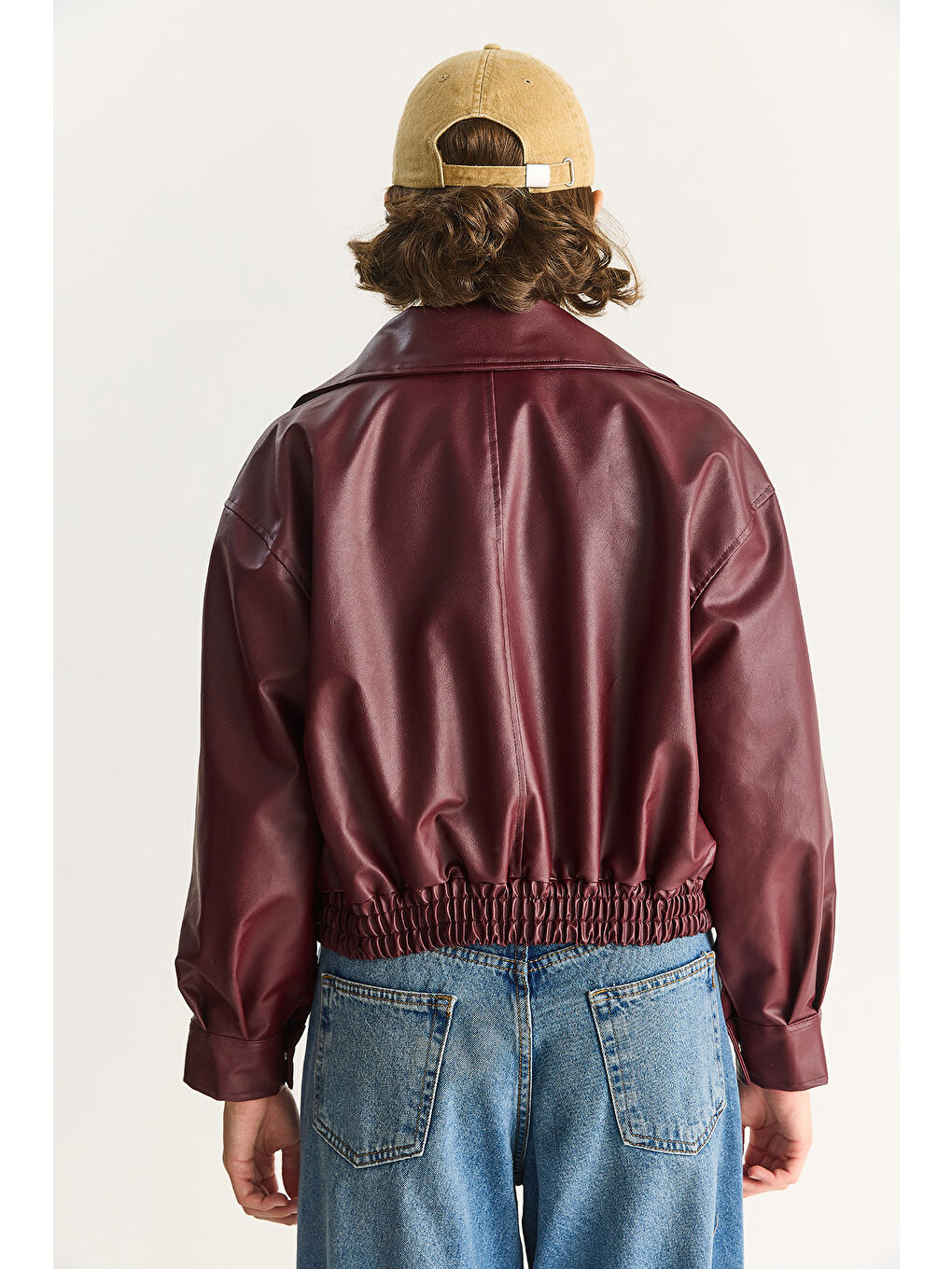 Bordo Kadın Oversize Belli Lastikli Suni Deri Bomber Ceket-7