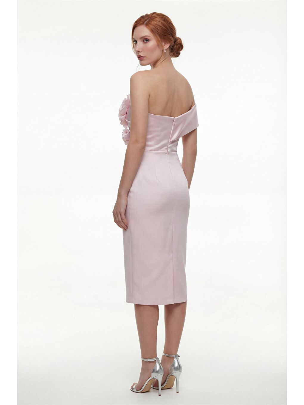 Pembe Kadın Pudra Kayık Yaka Çiçek Detaylı Söz Nişan Nikah Abiye Elbise-4