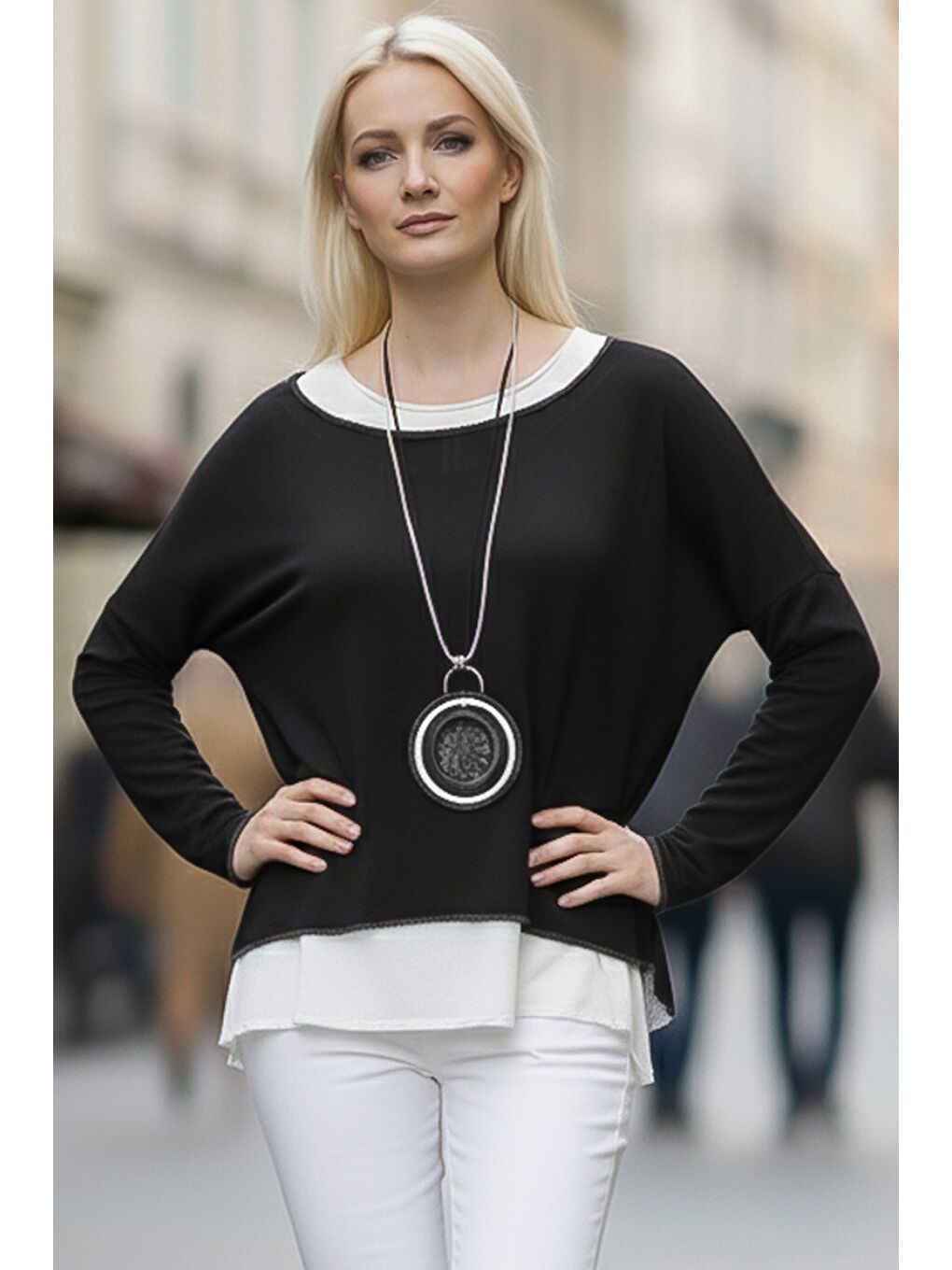 Siyah Havuz Yaka Uzun Kol İnce İkili Set Kolyeli Casual Oversize Triko Bluz 70 74