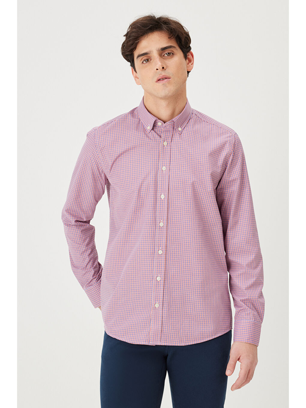 Erkek Turuncu Slim Fit Dar Kesim Düğmeli Yaka Pamuklu Kareli Gömlek-2