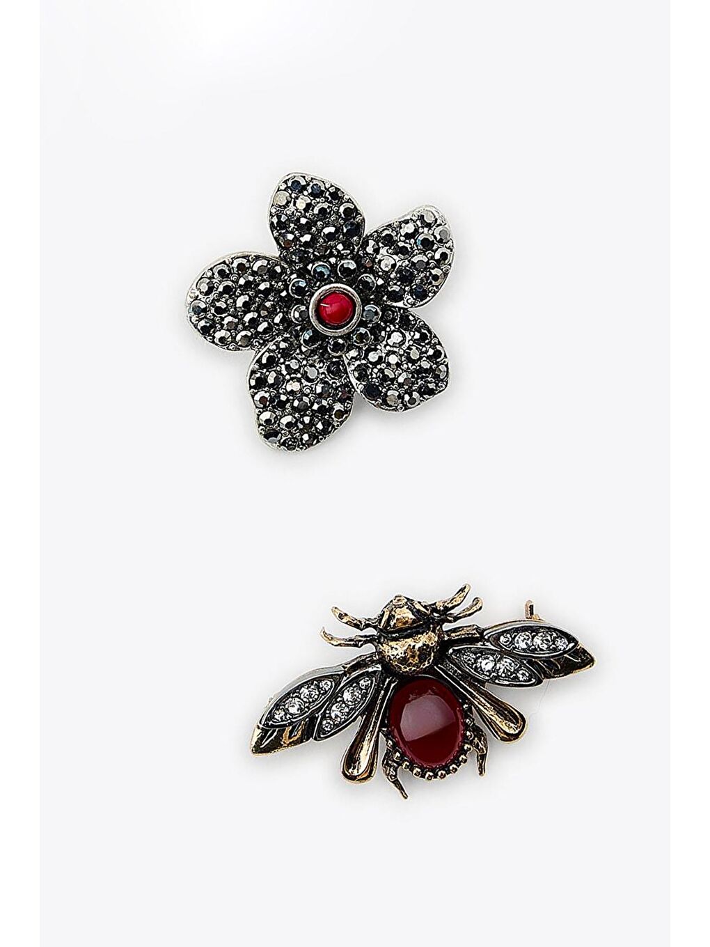 Gri Marka Broş Seti – Vintage Arı ve Çiçek Tasarımlı Taşlı Metal Broş 2’li Set-3