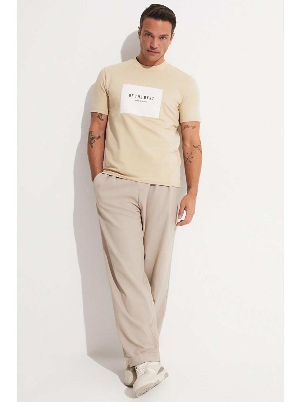 Bej Erkek Regular Fit Baskılı Bisiklet Yaka Tişört-4