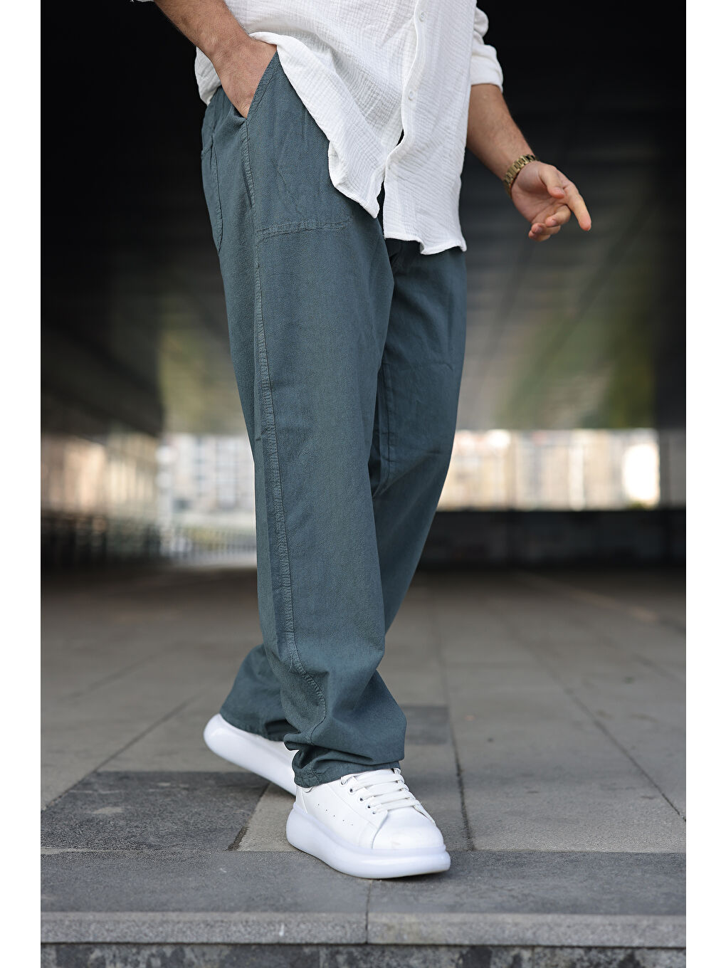 Erkek Trend Basic Bol Paça Petrol Baggy Keten Pantolon-4