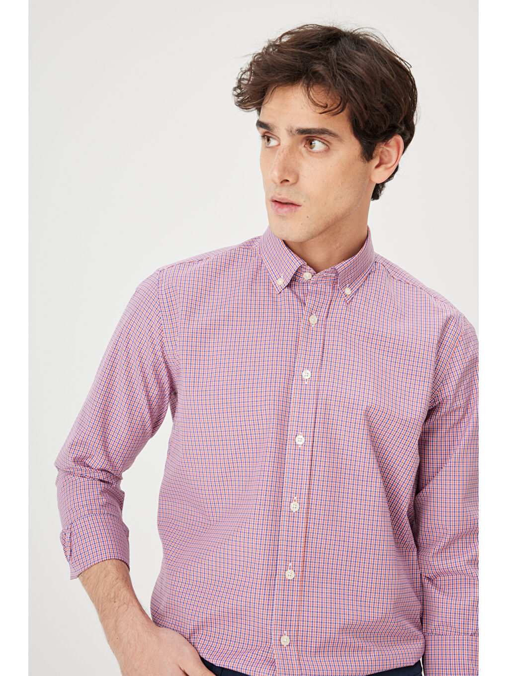 Erkek Turuncu Slim Fit Dar Kesim Düğmeli Yaka Pamuklu Kareli Gömlek-3