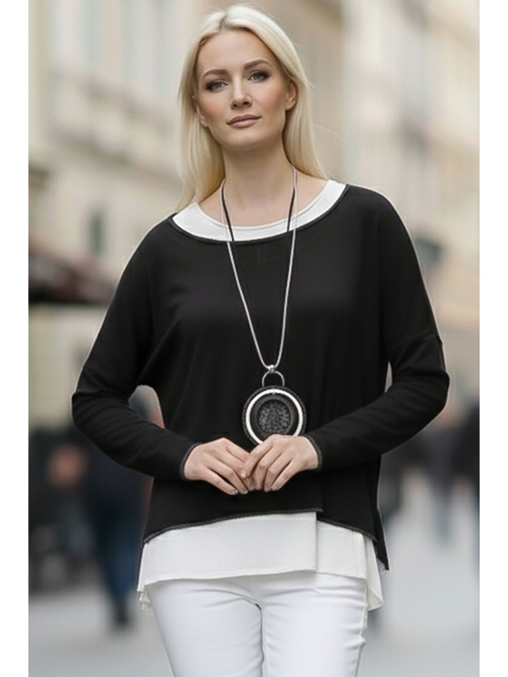 Siyah Havuz Yaka Uzun Kol İnce İkili Set Kolyeli Casual Oversize Triko Bluz 70 74-1