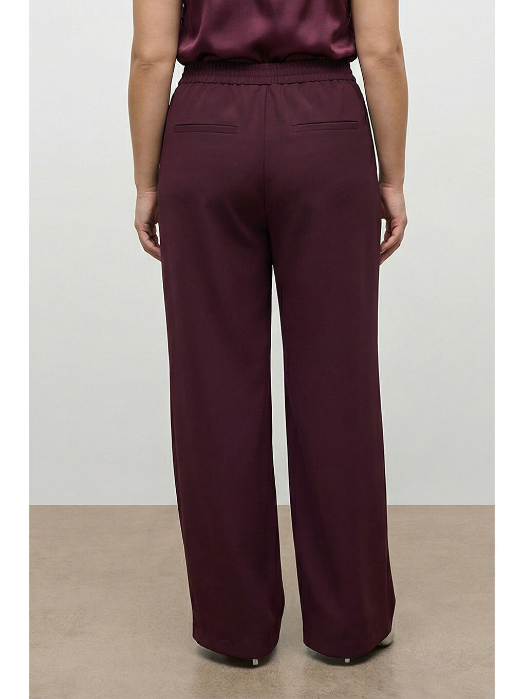 Bordo Beli Lastikli Geniş Paça Pantolon-4