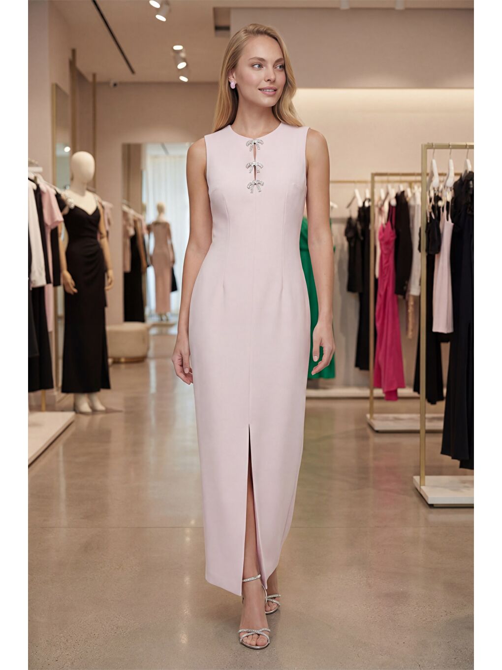 Pembe Kadın Pudra Yırtmaçlı Aksesuar Detay Maxi Abiye Elbise-4