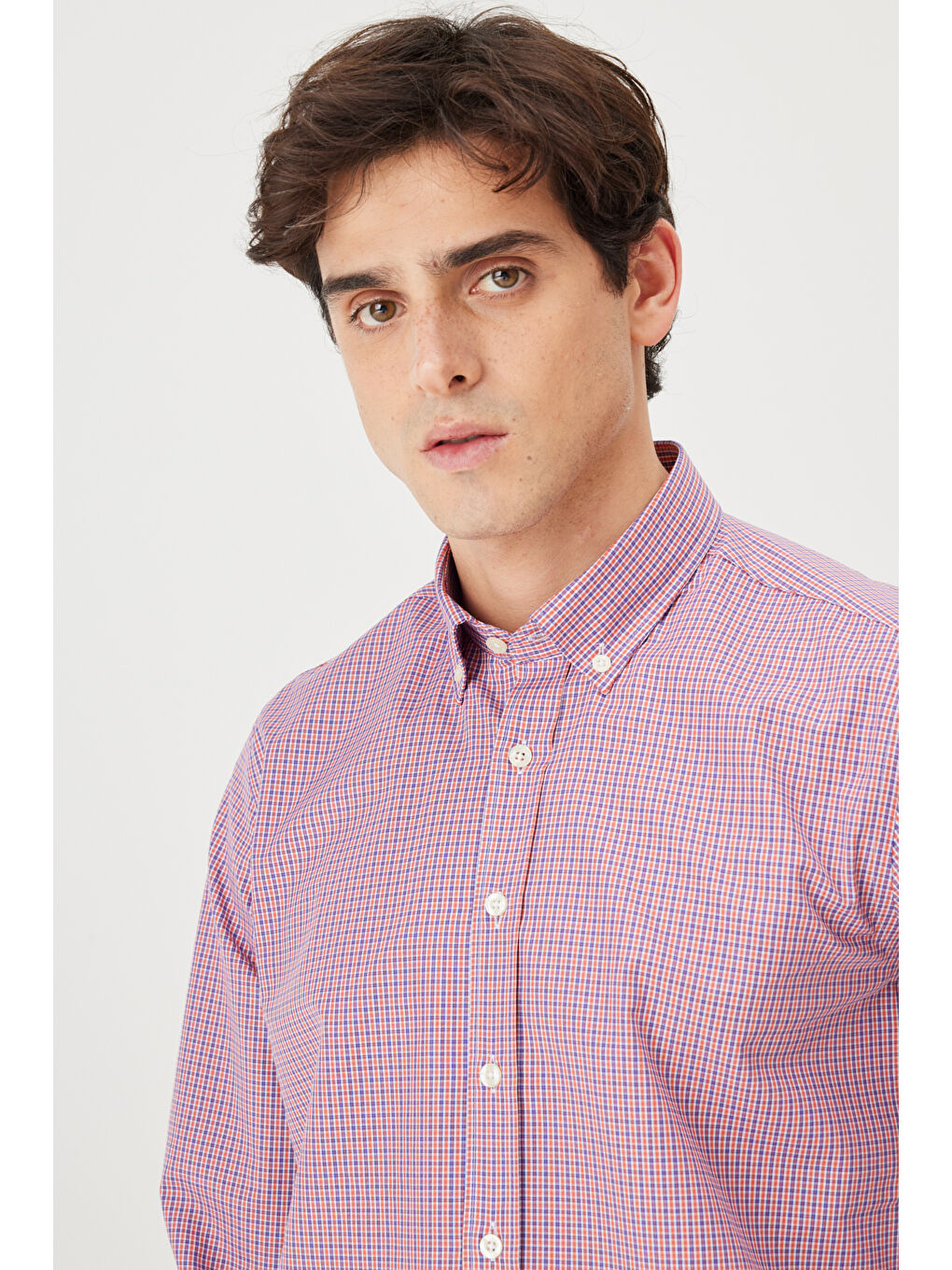 Erkek Turuncu Slim Fit Dar Kesim Düğmeli Yaka Pamuklu Kareli Gömlek-4