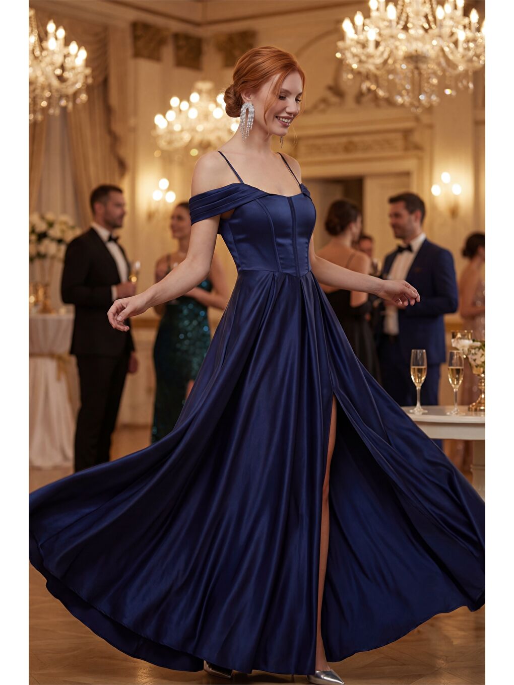 Kadın Lacivert Dar Kalıp Balen Korse Detay Yırtmaçlı Uzun Saten Abiye-3