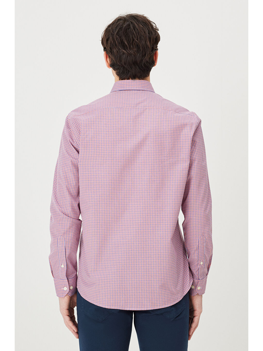 Erkek Turuncu Slim Fit Dar Kesim Düğmeli Yaka Pamuklu Kareli Gömlek-5