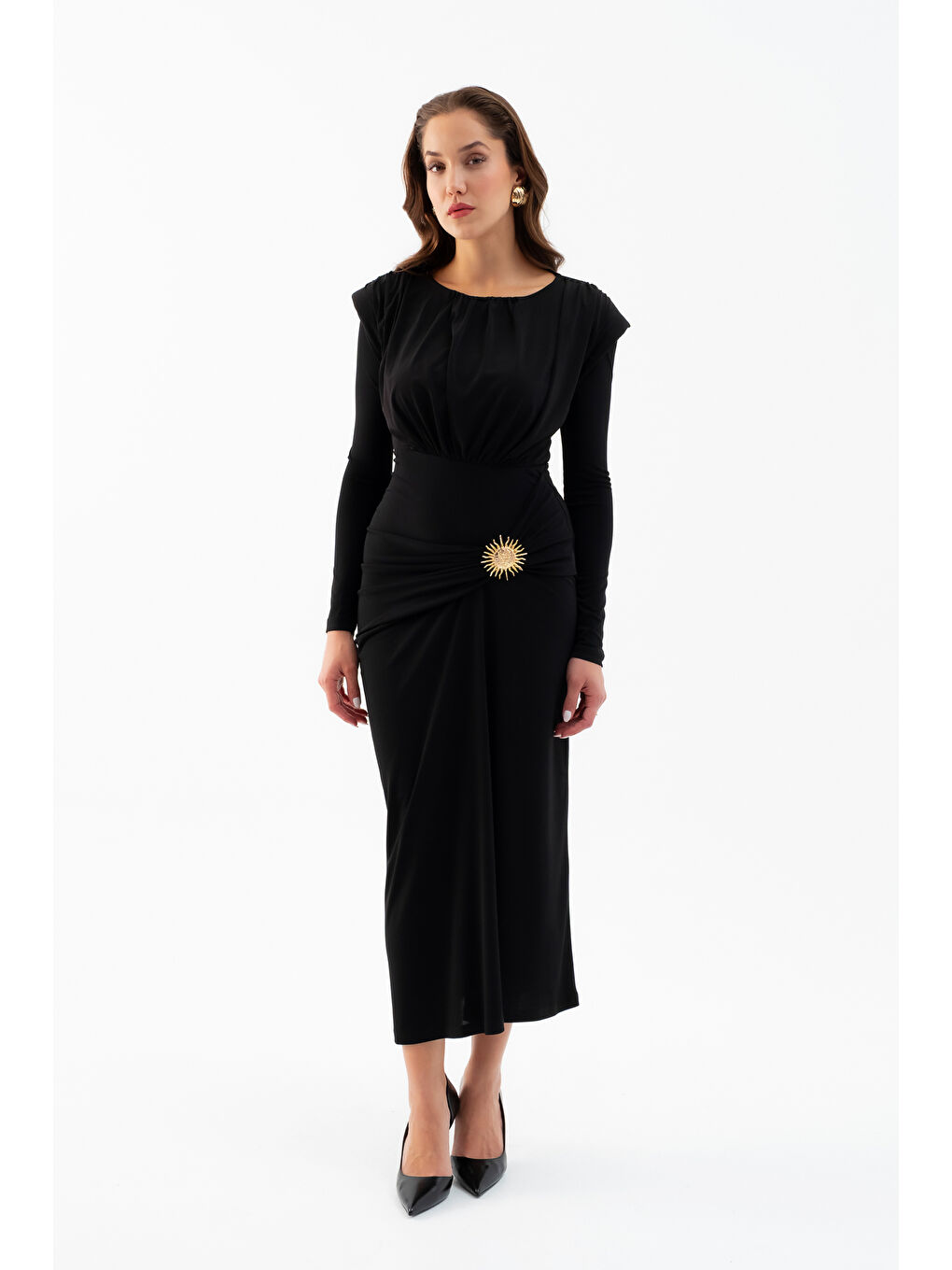 Kadın Siyah Büzgü Detaylı Uzun Kollu Elbise-1