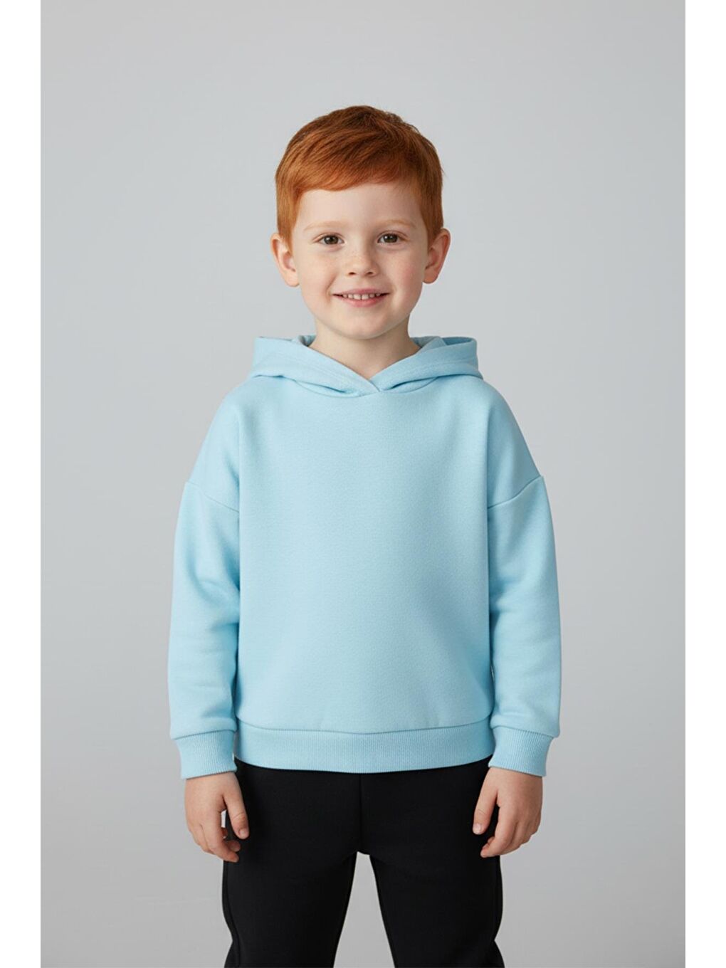 Unisex Çocuk Basic Pamuklu Kapüşonlu Sweatshirt - Mavi