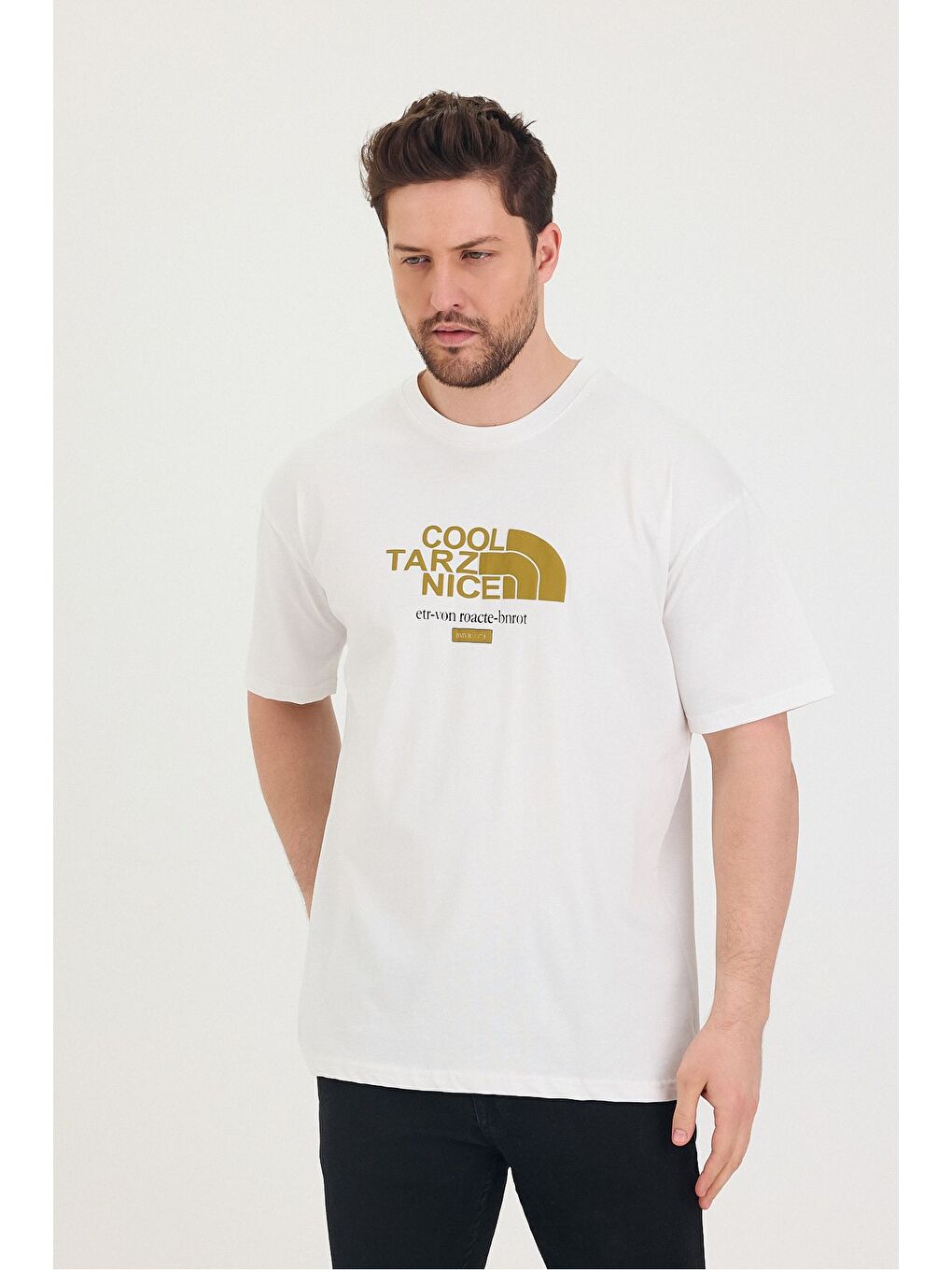 Beyaz Bisiklet Yaka Cool Tarz Nice Baskılı Oversize Salaş Unisex Tişört-7