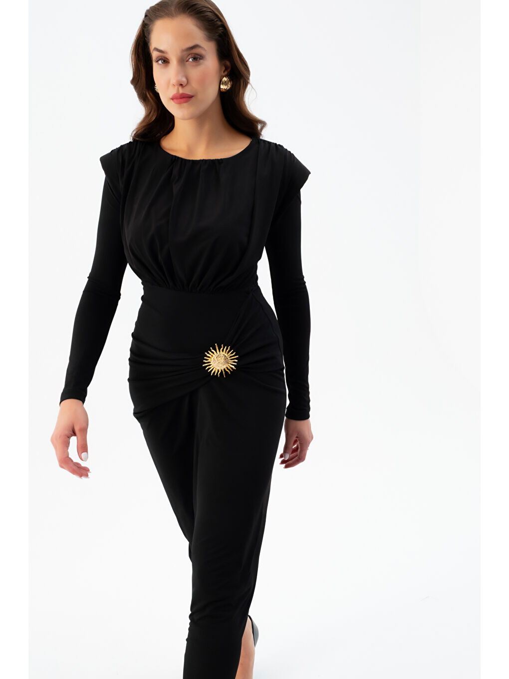 Kadın Siyah Büzgü Detaylı Uzun Kollu Elbise-2