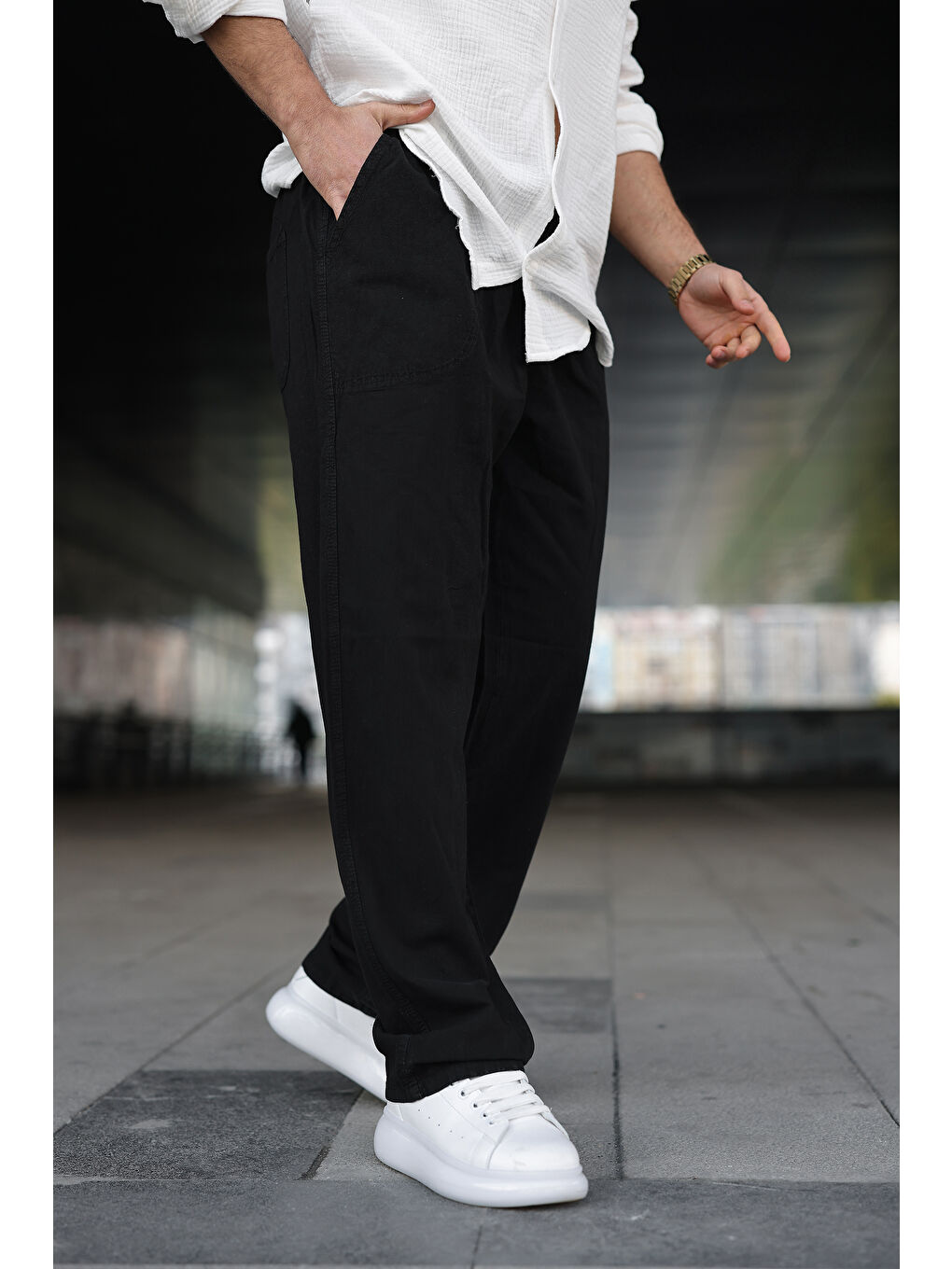 Erkek Trend Basic Bol Paça Siyah Baggy Keten Pantolon-1