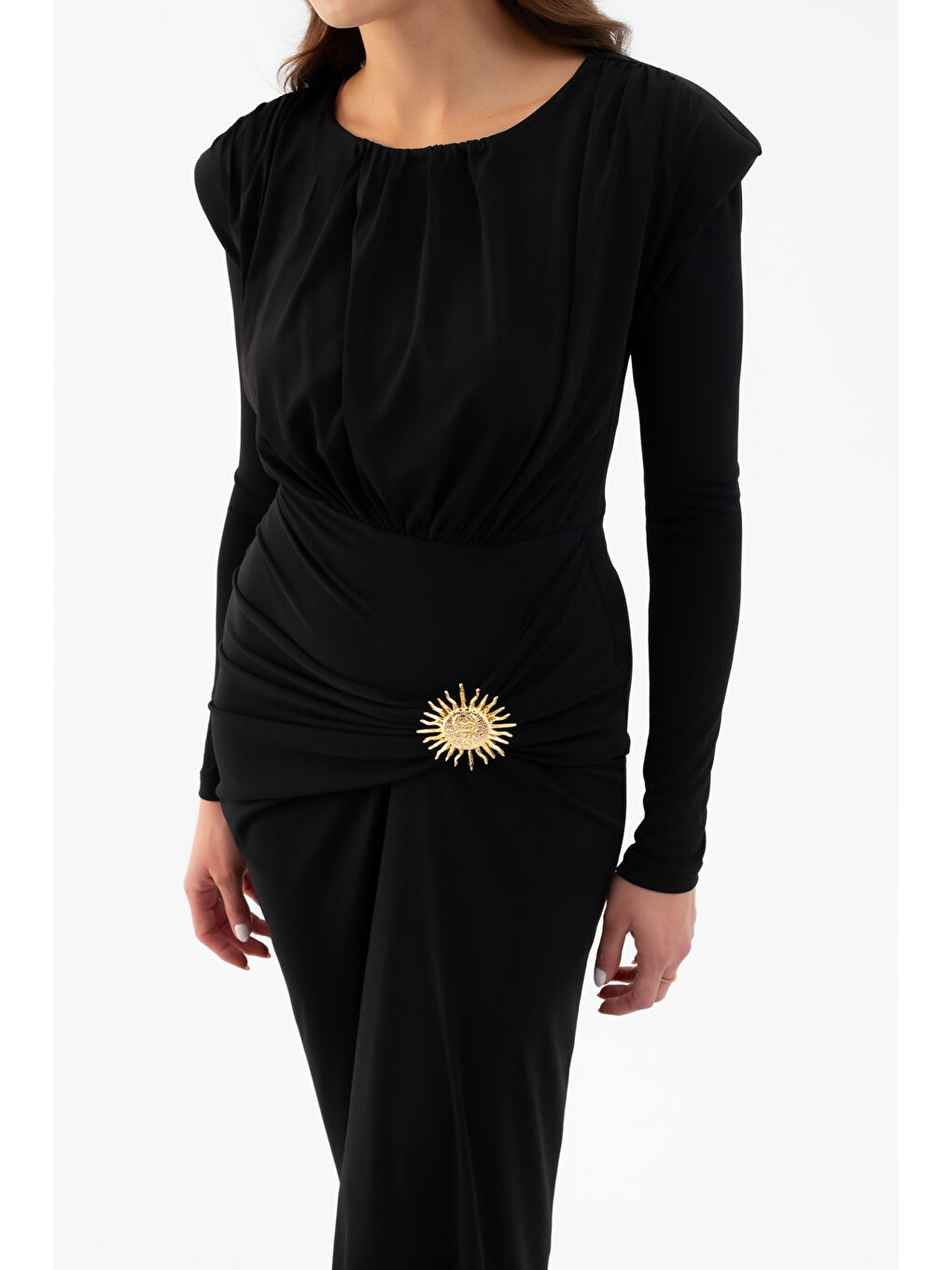 Kadın Siyah Büzgü Detaylı Uzun Kollu Elbise-3