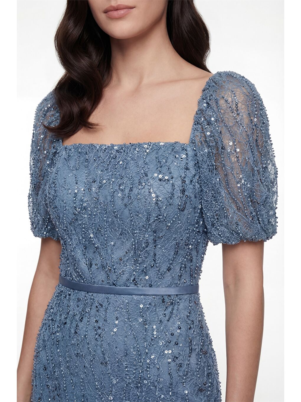 Kadın İndigo Kare Yaka Balon Kol Midi Söz Nişan Nikah Abiye Elbise-2