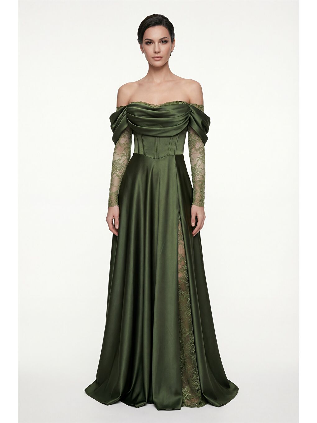 Kadın Haki Dar Kalıp Dantel Detaylı Uzun Saten Abiye Elbise