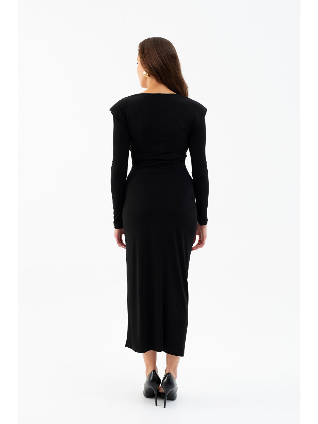 Kadın Siyah Büzgü Detaylı Uzun Kollu Elbise-5