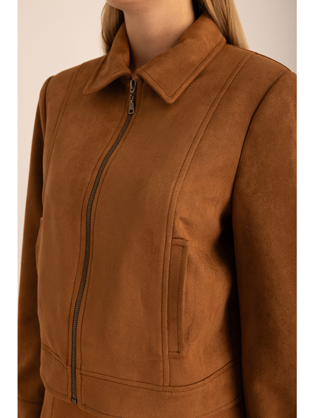 Kahverengi Fermuarlı Süet Kutu Ceket-2