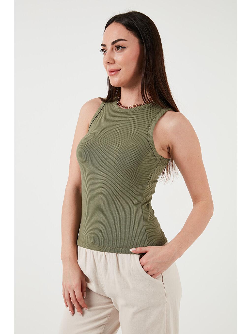 Haki Slim Fit Halter Yaka Fitilli Atlet 25Y0479K1-1